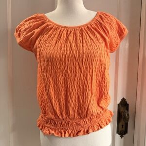 SO Girls Orange Short Sleeve Smocked Elastic Waist Top Size XL 14/16